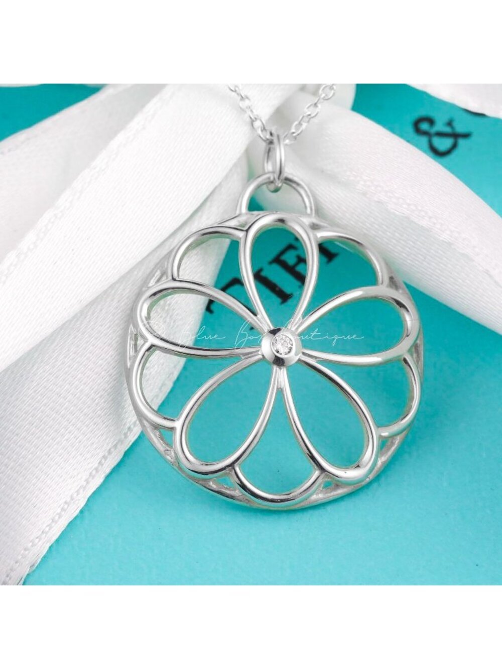 Tiffany & Co. Necklace Petals Medallion Diamond Pendant in Silver on a 18" Chain